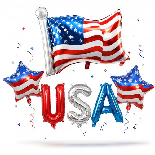 Image of 4th of July Decorations - Patriotic Independence Day Decorations, Red White and Blue American Flag Balloons, Foil USA Balloons Set for Quick Party Setup, Inflate & Deflate for Multiple Uses