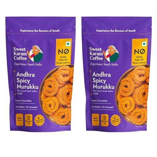 Image of SWEET KARAM COFFEE Andhra Spicy Murukku | No Palm Oil | No Preservatives | South Indian Chakli | Crispy & Fresh Tea-Time Namkeen | Festive Special Snack | Spicy Crunchy Treat | 95 G Pack of 2
