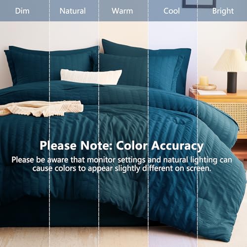 Image of CozyLux King Size Comforter Set Lyons Blue, 7 Pieces Seersucker Textured Luxury Bed in a Bag, All-Season Soft Bedding Sets with Down Alternative Comforter, Sheets, Pillowcases & Shams, Bedroom Bed Set