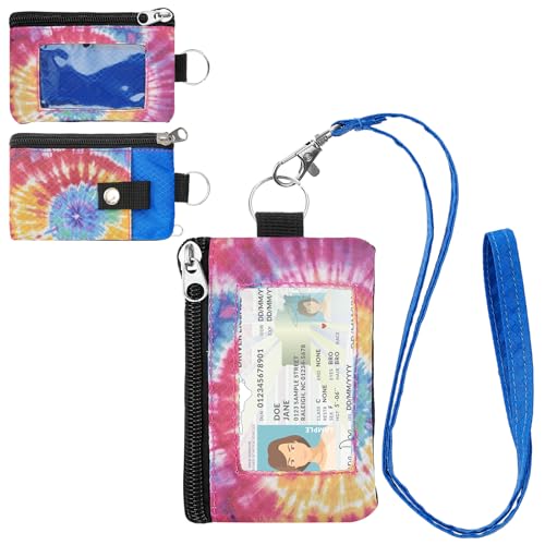 Image of Minimalist RFID Wallet with Lanyard, Multi-functional ID Case with 2 Zipper Pockets and Key Chain for Men and Women, Tactical Badge Pouch Cards Holder, Coin Purse for Travel Sports - Two-Tone