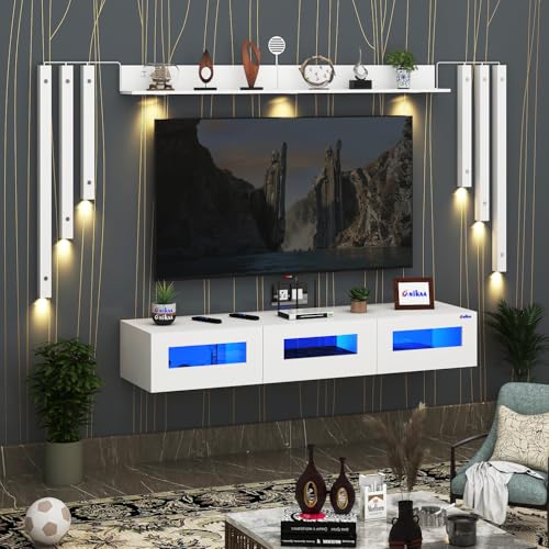 Image of Anikaa RayzaNote Engineered Wood Wall Mount TV Unit Acrylic Blue LED Storage Box, Side Wooden Accent Spot Light I Deal for Up to 50 Inch TV White - DIY Installation