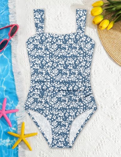 Image of CRISONE Girl Swimsuit One Piece Bathing Suit for Girls Retro Square Neck Adjustable Straps Girls' Swimwear 9-16Y