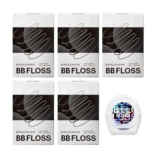 Brushmo Black Floss (BB Floss) - Expanding Gum-Friendly Soothing Mint Dental Floss, Natural Wax Helps Remove Plaque from Teeth, US-Dentist Designed PTFE & PFAS Free Oral Care, 5 Spools, 275 yd, Vegan -  BBFLOSS-5pk