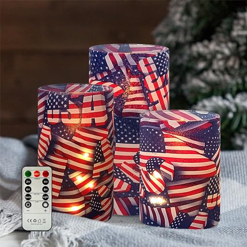 Image of Printed Flameless Candles with String Lights - Set of 3 USA Flag Battery Operated Candle Flickering Floral LED Pillar Candles with Timer Remote for Home Decor Romantic Ambiance,Flag