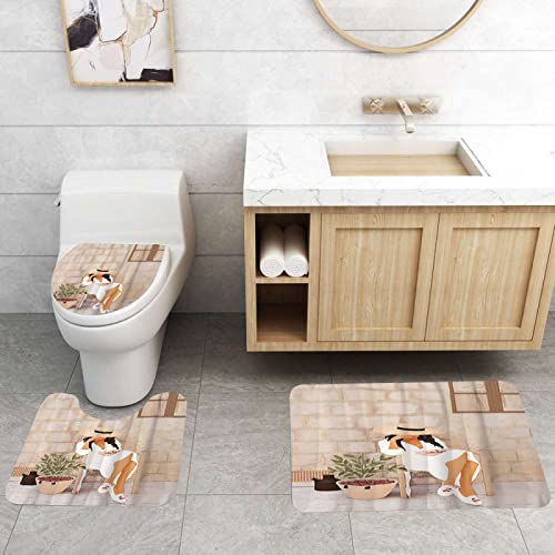 3-teilig Badematten Set, 3D Digitaldruck Mädchen Badteppich Sets rutschfest Badvorleger Creme Farben Waschbar U-Förmiger…