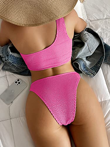 Image of YIMISAN Women's Ribbed Bikini Sets One Shoulder Top with Mid Waist Two Piece Bathing Suit