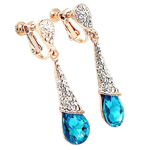 Crystal Dangle Clip on Earrings for Women, Blue Teardrop Earrings for Girls - Bohemian Bridal Wedding Chandelier Drop Screw Back Clip-on Earring Jewelry