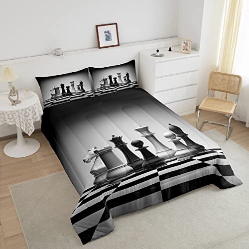 Image of Feelyou International Chess Comforter Set Chess Board Bedding Set for Kids Boys Teens Cool Games Comforter Geometric Grid Quilt 1 Comforter Set with 2 Pillowcases Queen Size Boys
