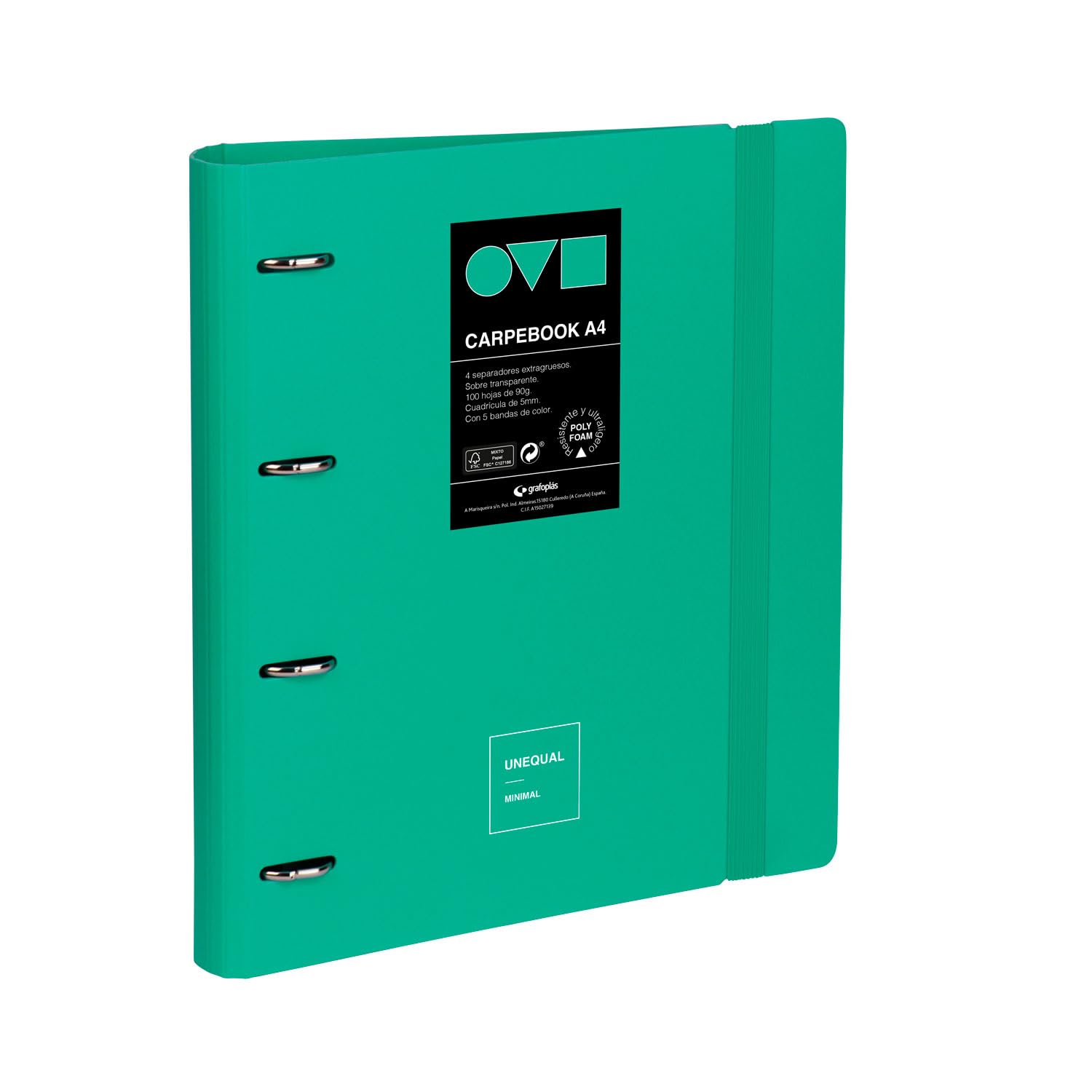 Grafoplas | 4 Ring Binder A4 | Carpebook Polyfoam | Durable and Ultralight | Minimal Turquoise | Includes Refill, Dividers and Envelope | Perfect for Organizing School Subjects