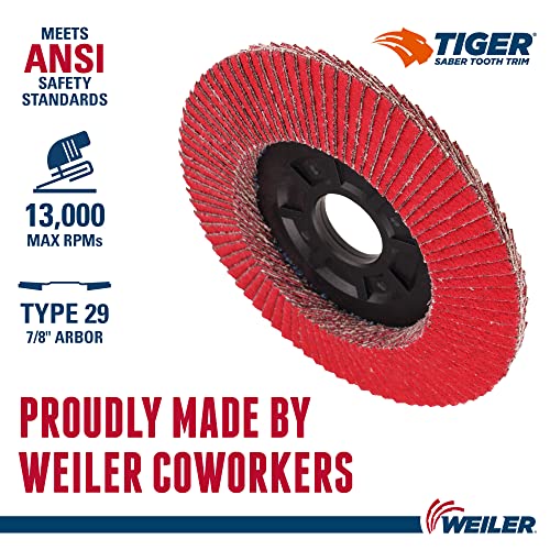 Image of Weiler 50118 4-1 /2 inch Tiger Ceramic Abrasive Flap Disc, Angled (Ty29), Trimmable Backing, 60C, 7 /8 inch Arbor Hole, Made in The USA, (Pack of 1)