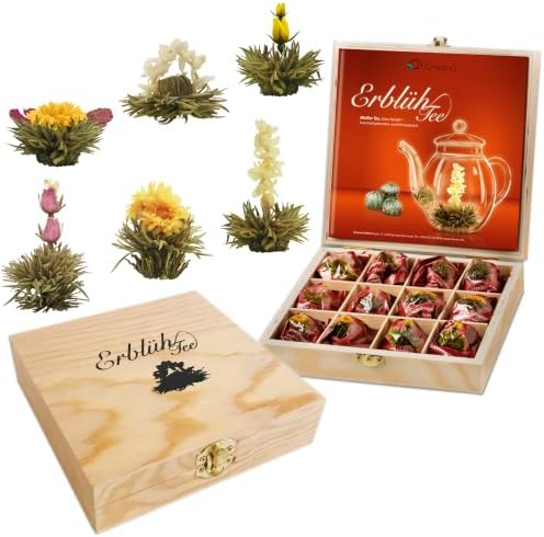 Creano Teeblumen Geschenkset in Teekiste aus Holz, 12 Erblühtee in 6 Sorten Weißtee, Geschenk für Frauen, Mutter, Teeliebhaber