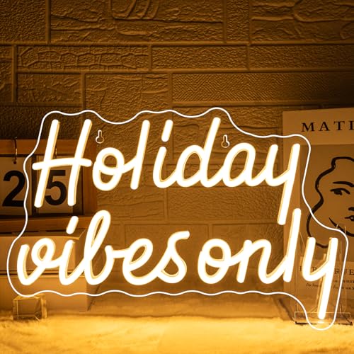 Image of Holiday Vibes Only Neon Sign LED Neon Light Festive Wall Decor for Party | Seasonal light up sign for holiday parties, weekend gatherings, home bars, bedrooms & photo backdrops, LED wall art decor