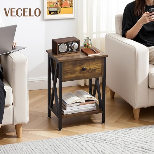 Image of VECELO Nightstand,Modern Bedside End Tables, Night Stand with Drawer and Storage Shelf for Living Room Bedroom, Industrial Metal Frame