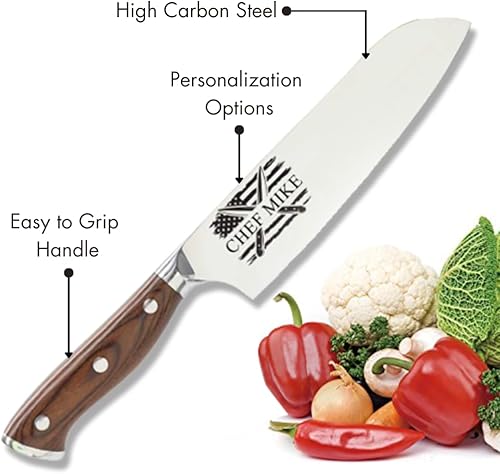 Miniatura 4 de Cuchillo de cocina Santoku de acero inoxidable personalizable con grabado láser para él, regalos de inauguración de la casa, juego de regalo de