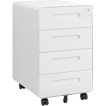 Rolling Container Mobile Filing Cabinet with Lock Rounded Corners 4 Keys 4 Drawers Metal Office Cabinet Pre-Assembled for Office Home Office 46D x 40W x 64H cm White