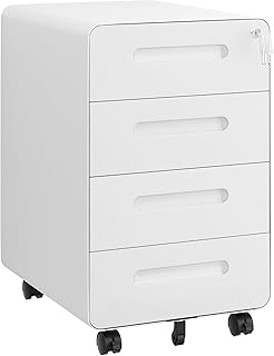 Rollcontainer, Mobiler Aktenschrank mit Schloss, Abgerundeten Ecken, 4 Schlüssel, 4 Schubladen, Büroschrank aus Metall, Bereits Vormontiert, für Büro, Heimbüro, 46T x 40B x 64H cm, Weiß