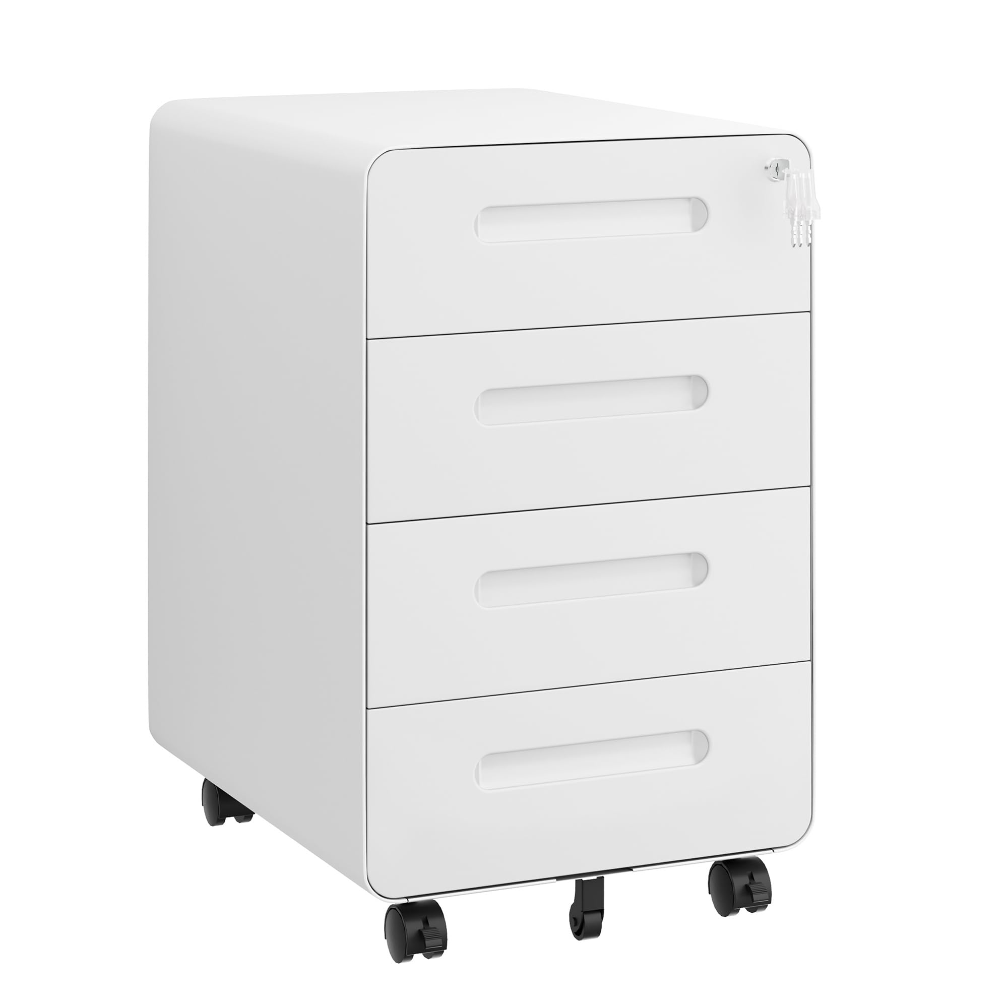 Rollcontainer, Mobiler Aktenschrank mit Schloss, Abgerundeten Ecken, 4 Schlüssel, 4 Schubladen, Büroschrank aus Metall, Bereits Vormontiert, für Büro, Heimbüro, 46T x 40B x 64H cm, Weiß