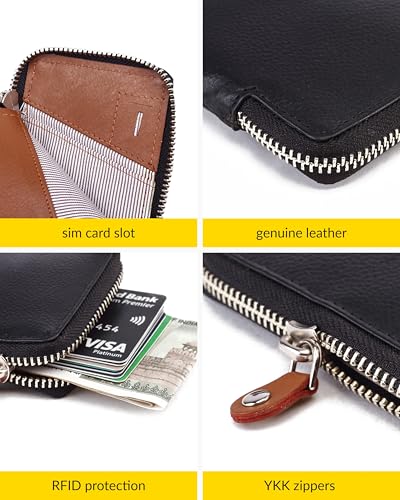 Image of Destinio Card Holder Wallet for Men Women - Genuine Leather, Branded Zippers, RFID Protection - ATM Debit Credit Card Holder, Slim RFID Protected Zipper Money Coin Purse (Black)