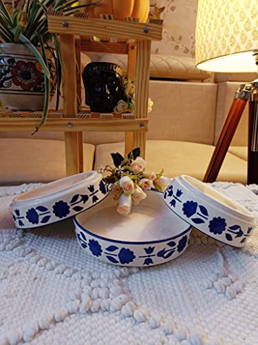 Image of Niyara Stoneware Handmade Ceramic Stylish Premium Serving Bowls /Salad Tray Microwave Dishwasher Safe (Blue Flower Print Set of 3)