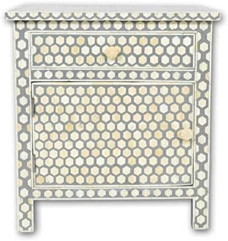 Personalized Handmade Bone Inlay Honeycomb Bedside Table with One Drawer and One Door by hpCreations