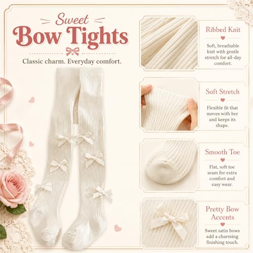 Image of VIKITA Girls Ribbed Tights with Bow - Soft Daily Knitted Leggings