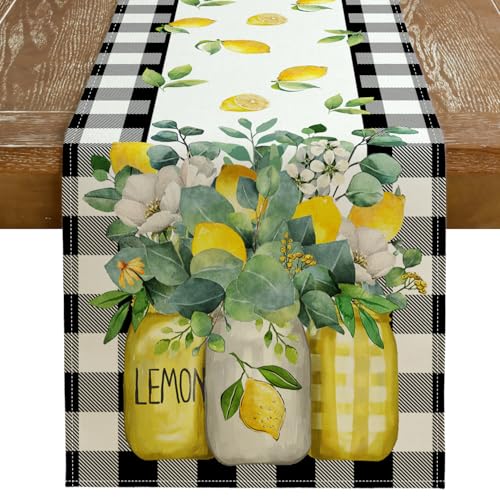 GEEORY Black Buffalo Check Summer Table Runner 13 x 90 Inch, Lemon Vase Spring Farmhouse Rustic Holiday Runners Kitchen Dining Table Decoration for Indoor Outdoor Dinner Party Décor
