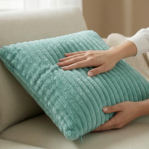 Image of Yellow Weaves Pencil-Stripe Fur Cushion Covers | Soft Polyester | Decorative Sofa & Throw Pillow Covers | 16x16 Inches, Pack of 3 (Sea Green)