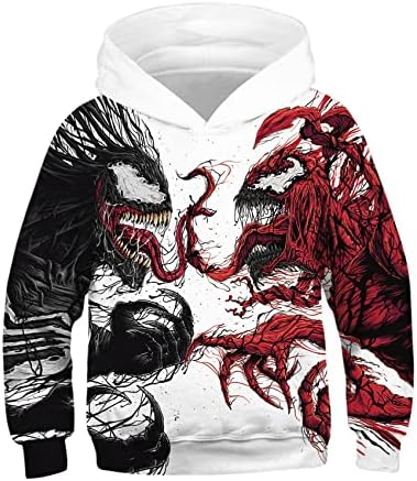 NOMISDUN Venom Carnage Sweatshirts Kids Superhero Unisex Pullover Boys Girls Novelty Hoodie Teen Fashion Hooded Sweater 3D Print Long Sleeve Tops Sports Pocket Hoody,White-Kids/M/135~140cm