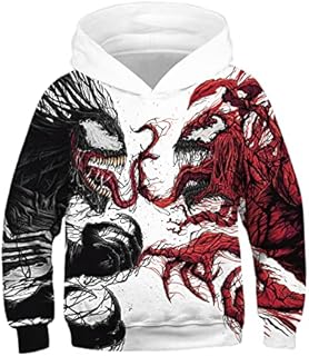 NOMISDUN Venom Carnage Sweatshirts Kids Superhero Unisex Pullover Boys Girls Novelty Hoodie Teen Fashion Hooded Sweater 3D Print Long Sleeve Tops Sports Pocket Hoody,White-Kids/M/135~140cm