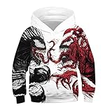 NOMISDUN Venom Carnage Sweatshirts Kinder Superhelden Unisex Pullover Jungen Mädchen Neuheit Hoodie Teen Fashion Kapuzenpullover 3D-Druck Langarmshirts Sport Pocket Hoody,White-Kids/XS/115~120cm