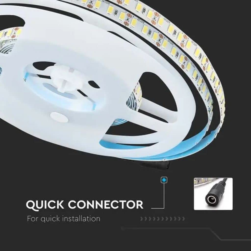 V-TAC Tira LED bobina de 5 metros 20 W por metro cinta luminosa SMD 5730 Color de la luz blanca fría 6500 K para interior con tira adhesiva, alimentada a 12 V.
