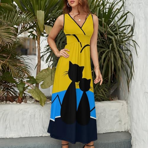 Robe maxi col V décontractée style bohème chic avec imprimé chats - 2