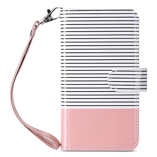 ULAK Galaxy S7 Edge Case, PU Leather Wallet Case with Credit Card Slot Magnetic Closure Flip Wallet Case Cover for Samsung Galaxy S7 Edge (Rose Gold/Black Stripe)