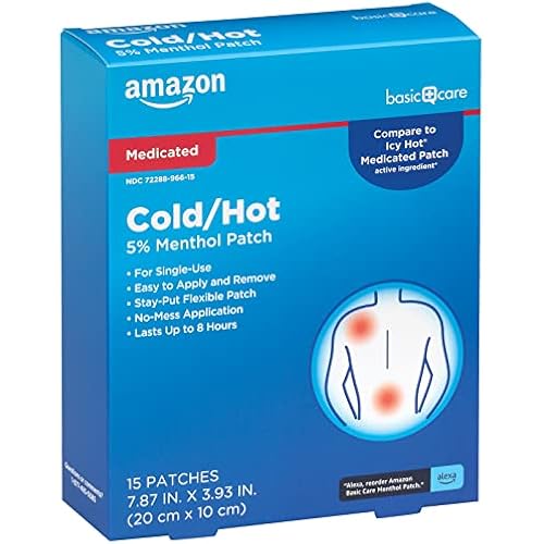 Amazon Basic Care Maximum Strength Pain Relieving Medicated Cold Hot 5% Menthol Patch for Muscle and Joint Pain Relief, 7.87" x 3.93", 15-Count Box (Previously HealthWise)