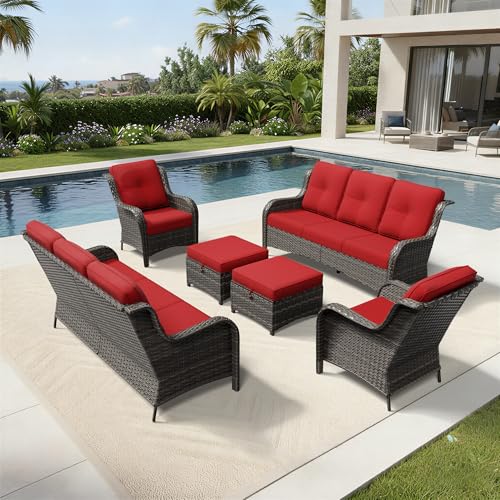 Image of Joyside 6 Piece Wicker Patio Furniture Set, Rattan Patio Chairs with High Back, Deep Seating, Wide Armrest, Thickened Cushions, Outdoor Furniture for Deck, Porch Use