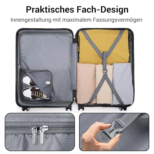 KONO Trolley Koffer Mittelgroß 4 Rollen Leicht Hartschalenkoffer Reisekoffer mit TSA Schloss, 65x44x25.5cm, 61Liter, Zwillingsrollen Rollkoffer, ABS Hartschale (Schwarz, L)