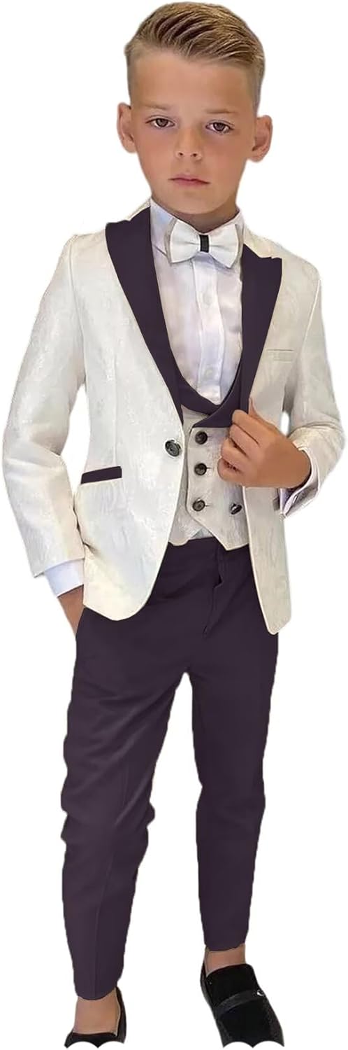 Boys Jacquard 3 Piece Tuxedo Suits Slim Fit Wedding Formal Outfit for Kids