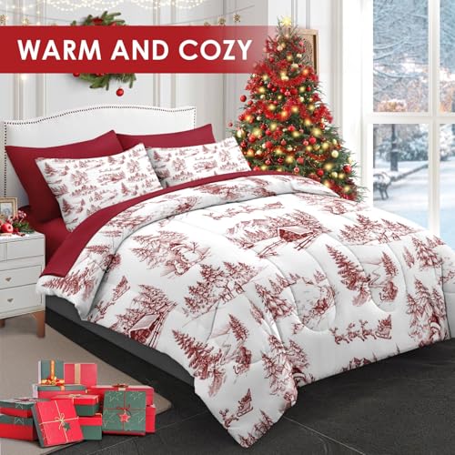 WeCozy 7 Pcs Full Size Christmas Comforter Set with 2 Pillowcases & 2 Shams, Merry Farmhouse Snowy Bedding for Kids and Adults, Winter Pine Tree Snowman Bed in a Bag with Flat Fitted Sheet by WeCozy - Image 3