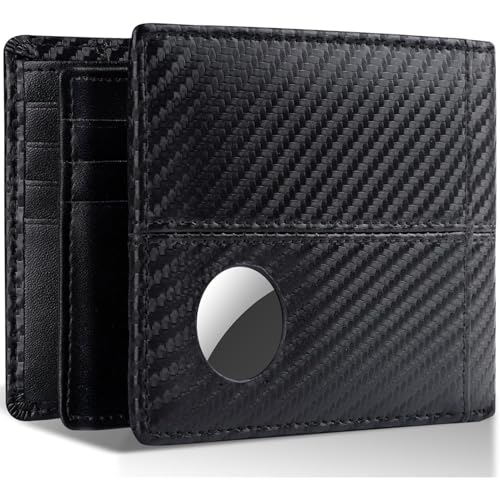 Genuine Leather Wallet for Men RFID Blocking AirTag Bifold Slim Large Capacity 15 Card Slots ID Window Gift Airtag Not Included (BlackStripe)