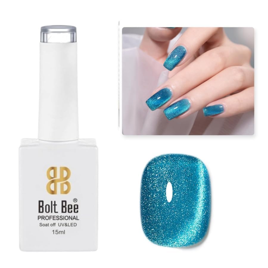Image of BOLT BEE 9ML BLUE Galaxy Cat Eye Gel Nail Polish Glitter Magnetic Art Polish for Nail Designs | LED Soak-Off Gel Lacquer Strong & Long-Lasting Nail Art for Home & Salon - Blue