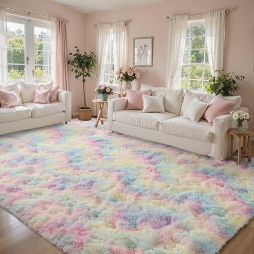 8x10 ft Fluffy Rainbow Area Rug for Bedroom Soft Fuzzy Living Room Rug Non-Slip Shag Rugs Carpet for Nursery Kids Play Room Dorm Office Indoor Modern Plush Carpets