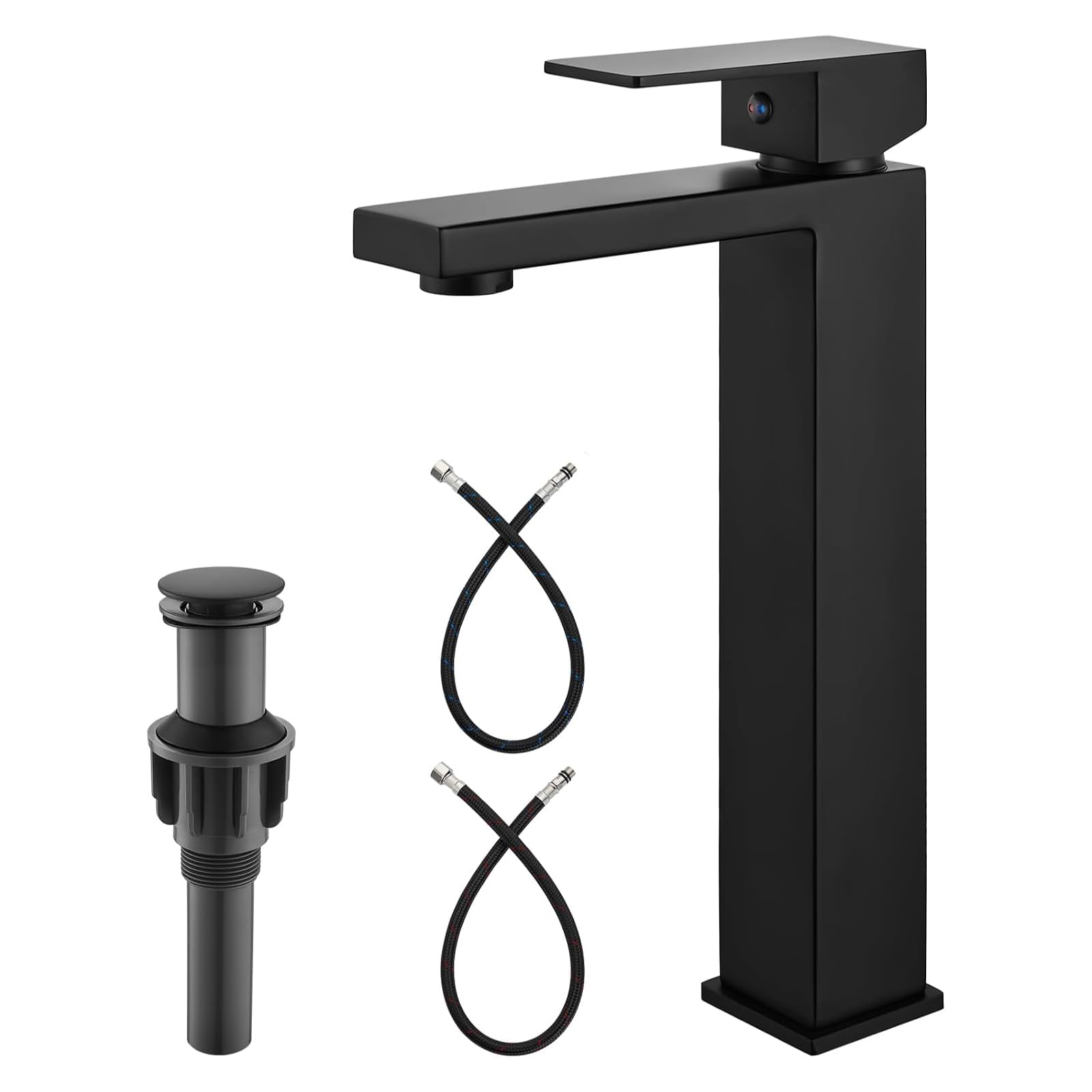 Hcfyauis Matte Black Bathroom Vessel Sink Faucet Restroom Faucet Single Handle Basin Bowl Tap Sus304 Stainless Steel Tall Body 1 Hole Lavatory Vanity Mixer Bar Tap, With Drain,