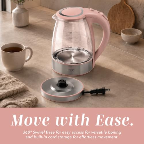 Image of COOK WITH COLOR Electric Stained Glass Tea Kettle, 1.8L Cordless Hot Water Boiler, 1200W Rapid Boil, Auto Shutoff & Boil Dry Protection, BPA-Free, Sleek Countertop Design, Pink