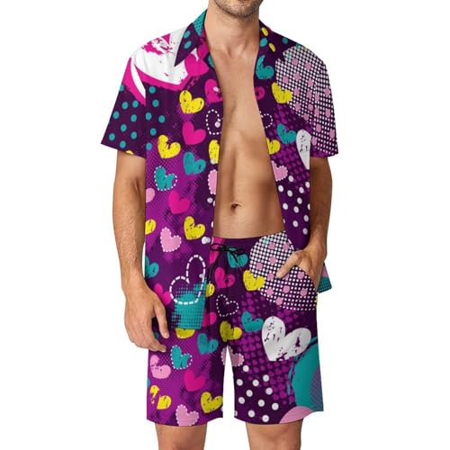 Chemise Hawaïenne Homme Cœur Coloré Ensemble d'Été 2 Pièces avec Short et Pantalon de Plage Taille S