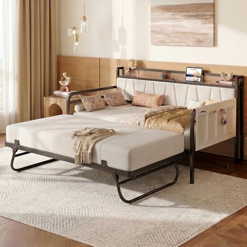 Image of LIKIMIO Twin Daybed, Day Bed with Trundle, Storage Upholstered Headboard and Charging Station, Trundle Bed with Strong Supports for Living Room, Bedroom, and Guest Room, Wood and Beige