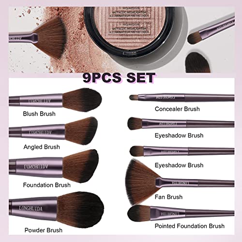 Makeup Brush Set 9Pcs, Premium Synthetic Foundation Brush Eyeshadow Loose Powder Concealer Brushes for Liquid, Girl’s Make up Brushes Kit with Black Transparent Leather Bag Case Cover for Travel - Image 3