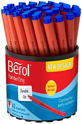 Berol Handwriting Pens | Round Shape | Washable Blue Ink | Bright Barrels | Tub of 42