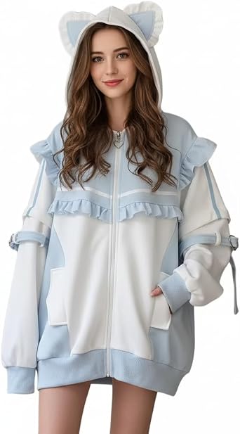 Y2K Cutecore Kawaii Jirai Kei Zip Up Hoodie Teen Girls Preppy Clothes Long Sleeves Cute Outerwear Jackets Oversize