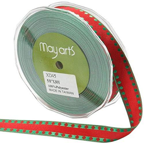 May Arts 5/8-Inch Wide Ribbon, Red with Green Dots