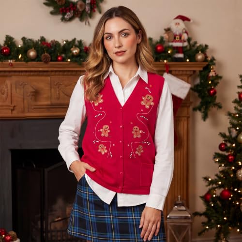 Image of SOLILOQUY Christmas Sweater Vest for Women Button Down Embroidery Knit Vest